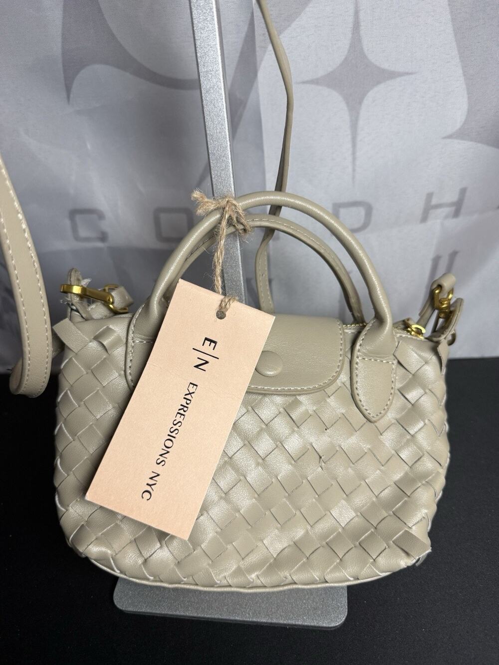 Expressions NYC Mini Woven Satchel Crossbody Bag Taupe Vegan Leather NWT